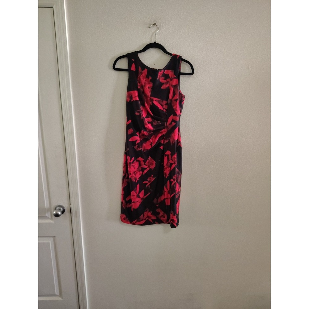 Karl Lagerfeld Paris Red Black Floral Ruched Sheath Dress Size 4 Sleeveless‎